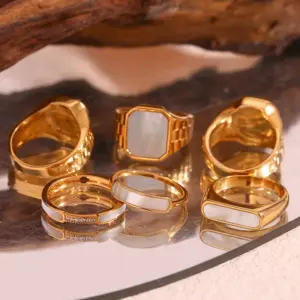 Wholesale 304 Stainless Steel Geometric PVD Coated Rhinestones Shell 18K Real Gold Plated Vintage Style Waterproof Non Tarnish Plating Inlay White Gold Rings