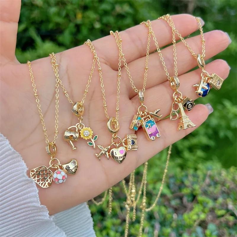 Wholesale Copper 18K Gold Plated Inlay Suower Heart Shape Airplane Zircon Pendant Necklace