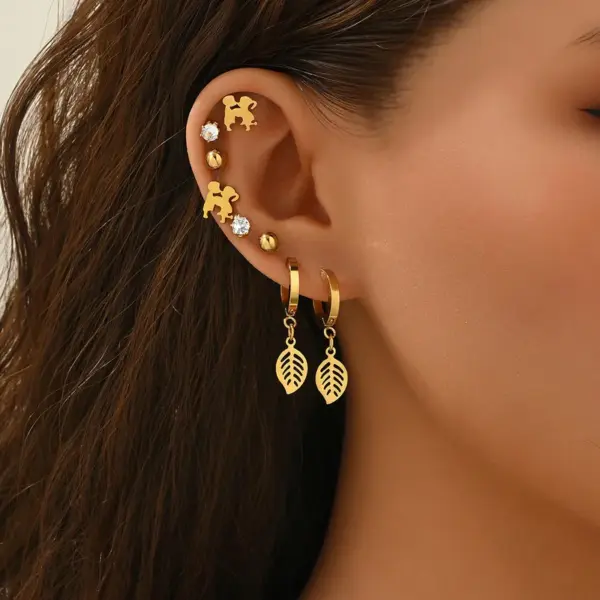 Three Pairs Fashion 304 Stainless Steel 18K Gold Plated Diamond Inlaid Asymmetric Star Circle Earrings Set For Women