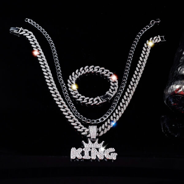 Wholesale Crown King Hip Hop Full Diamond Cuban Chain Bracelet Three-Piece Set