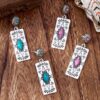 Wholesale Retro Western style earrings, rectangular patterned earrings inlaid with turquoise and pink stones