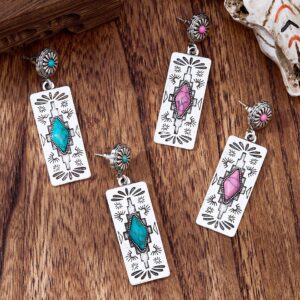 Wholesale Retro Western style earrings, rectangular patterned earrings inlaid with turquoise and pink stones