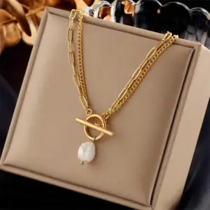 Wholesale Baroque Style Round Imitation Pearl Titanium Steel Necklace