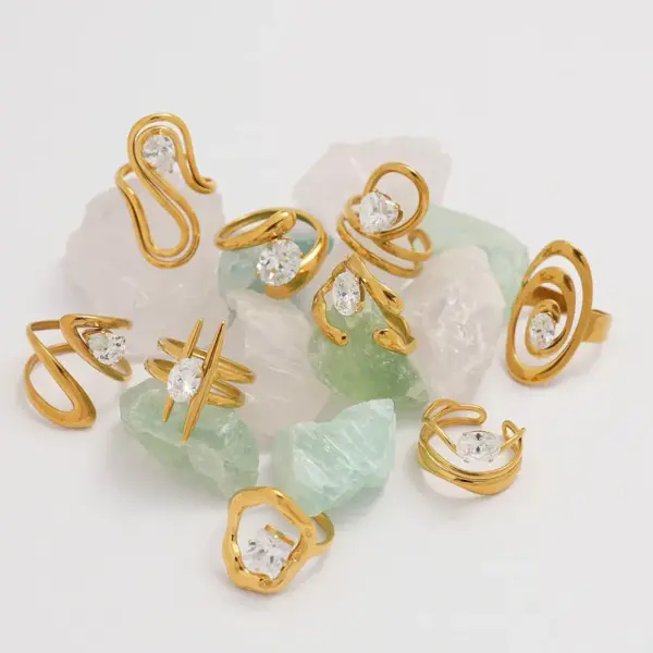 Summer Ladies 18K Gold Plated Stainless Steel Cubic Zirconia Ring Adjustable Size Elegant Luxury Romantic Jewelry Accessories