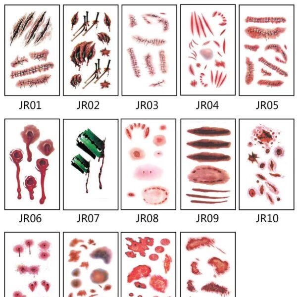 Wholesale in stock Halloween Realistic Scar Tattoo Sticks Tooth Marks Scratches Stitch Wound Scars Horror Party Tattoo Sticks