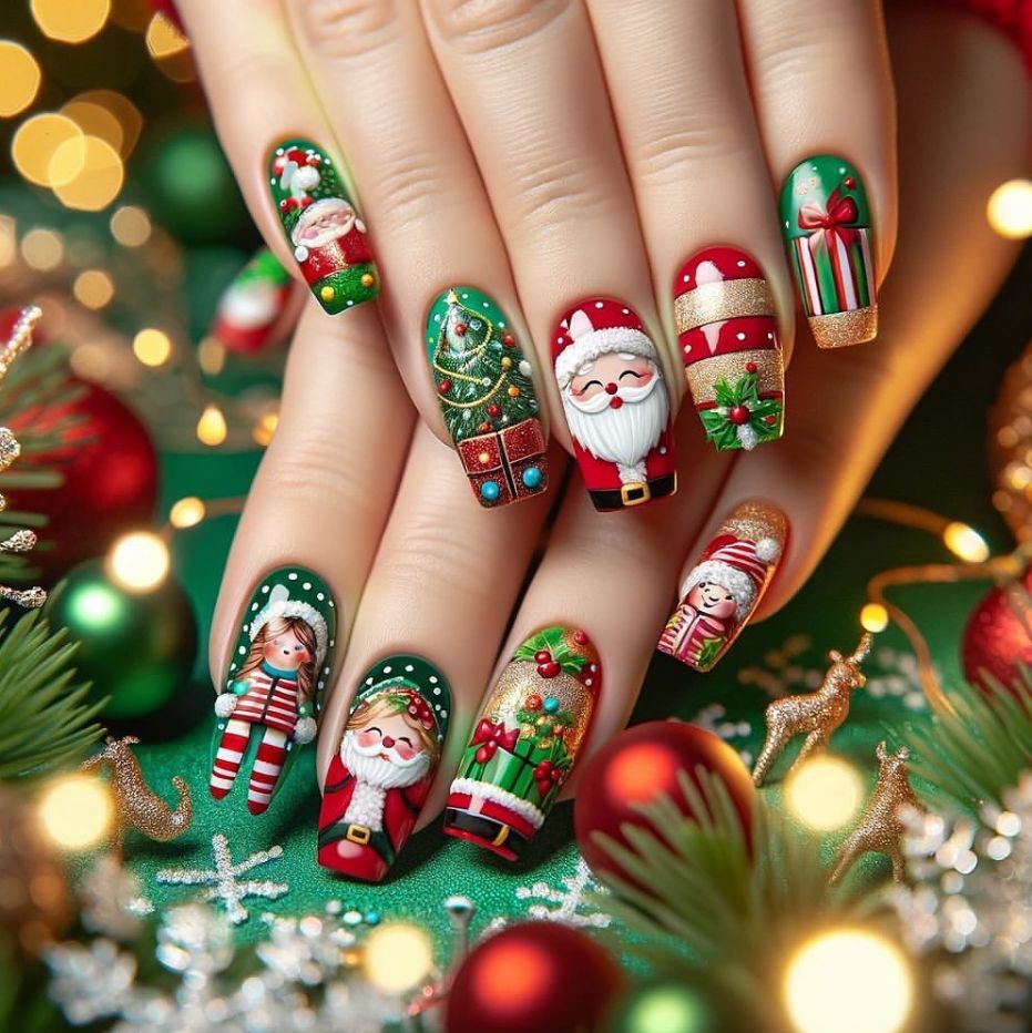 Wholesale WM-304 Winter Gift Fake Nails Short T-Shirt Christmas Green Christmas Tree Wearing Nail Tips