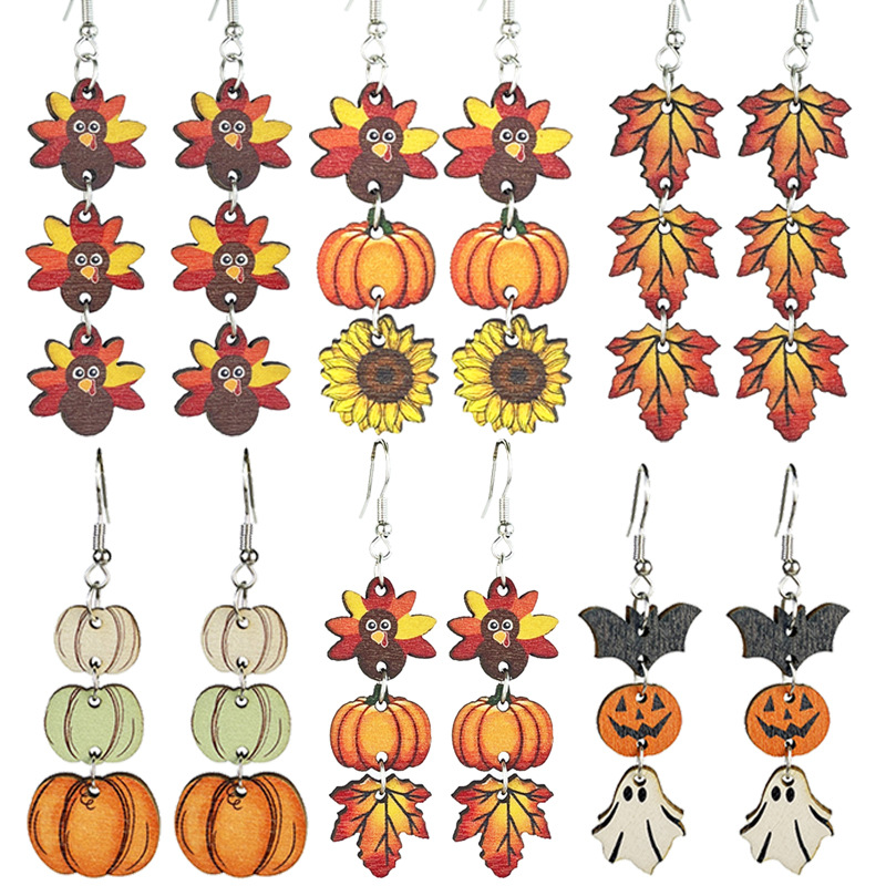 Wholesale Thanksgiving Wooden Turkey Pumpkin Maple Leaf Earrings