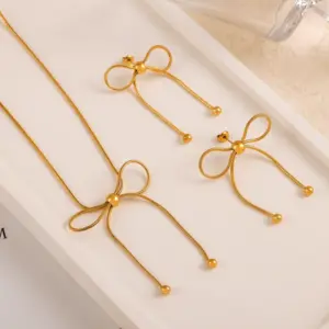 Wholesale 304 Stainless Steel Bow Knot PVD Coated Real Gold Plated IG Style Simple Style Waterproof Non Tarnish Gold Silver Earrings Necklace