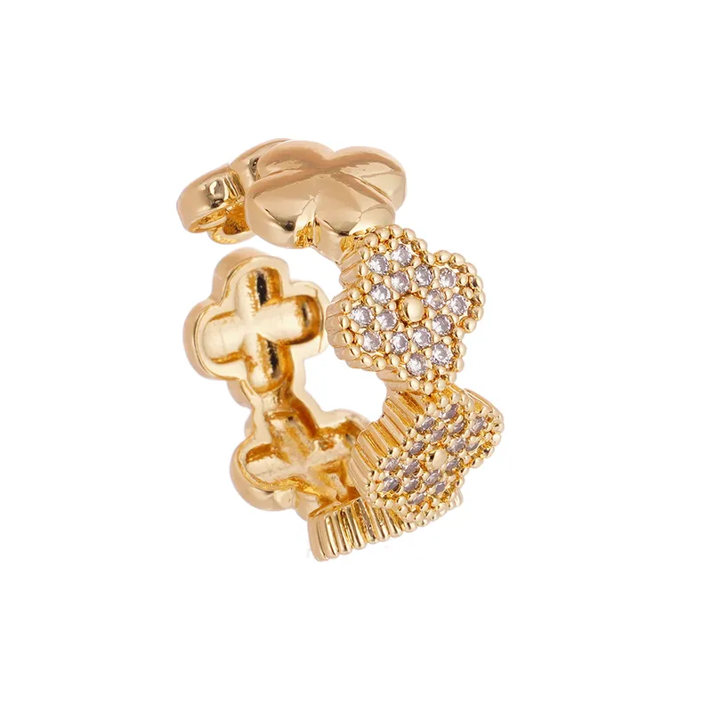 Wholesale Real Gold Plated Four Leaf Clover Flower Copper Casual Retro Simple Style Open Rings Rings