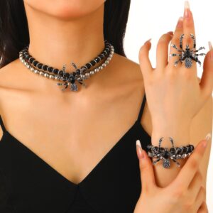 Wholesale European and American Cross-border Gothic Style Dark Punk Exaggerated Halloween Diamond Spider Necklace Bracelet Ring Necklace suit
