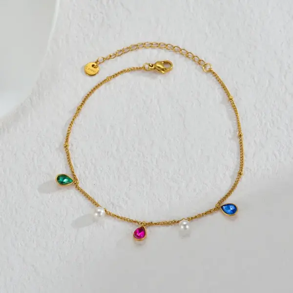 Wholesale 304 Stainless Steel Geometric PVD Coated Rhinestones 18K Real Gold Plated Princess Cute Artistic Waterproof Non Tarnish Inlay Anklet