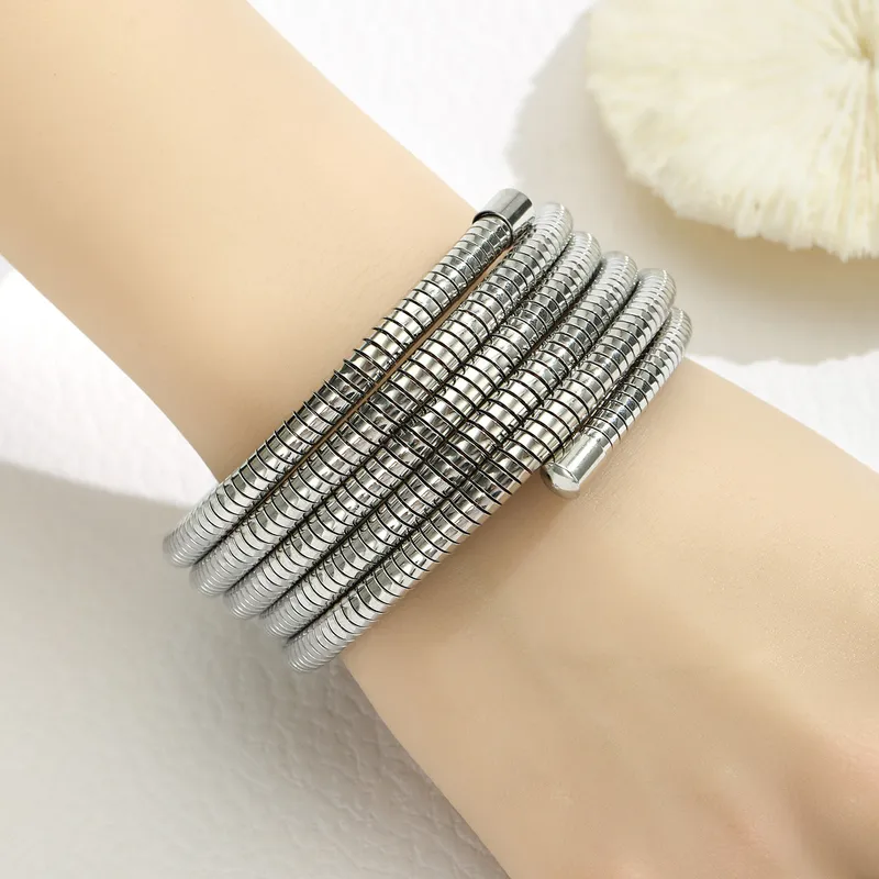 Wholesale Simple Style Solid Color 304 Stainless Steel Spring Wrap Stretch Multilayer Bangle In Bulk