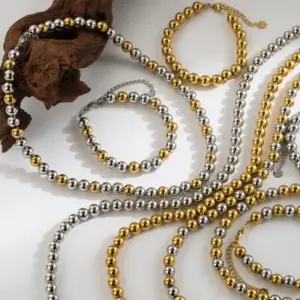 Wholesale Jewelry IG Style Basic Round 304 Stainless Steel 18K Gold Plated Beaded Plating Stainless Steel Jewelry Sets