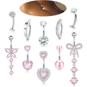 Wholesale Factory Direct Sales 10-Piece Pink Series Peach Heart Navel Ring Navel Stud Butterfly Navel Buckle Piercing Jewelry