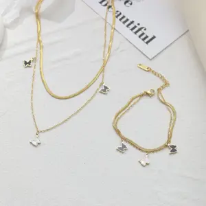 Wholesale Jewelry Retro Butterfly 304 Stainless Steel Acrylic Shell Gold Plated PVD Coated Inlaid Gold Bracelets Necklace