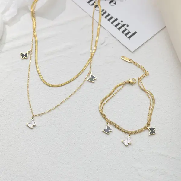 Wholesale Jewelry Retro Butterfly 304 Stainless Steel Acrylic Shell Gold Plated PVD Coated Inlaid Gold Bracelets Necklace