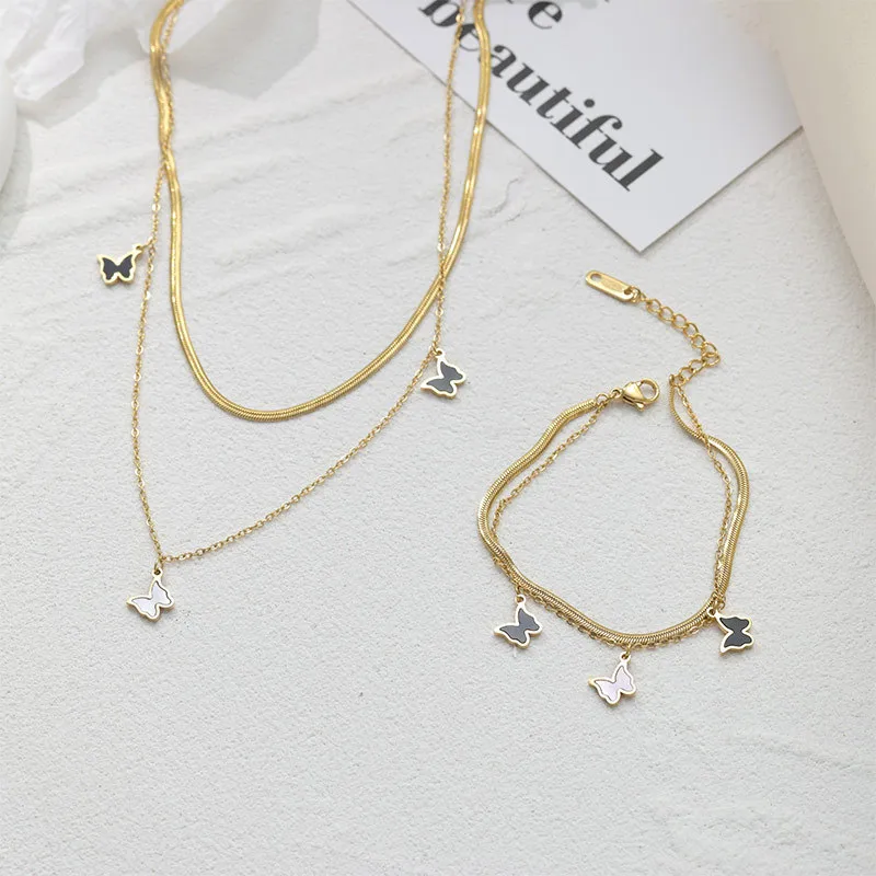 Wholesale Jewelry Retro Butterfly 304 Stainless Steel Acrylic Shell Gold Plated PVD Coated Inlaid Gold Bracelets Necklace