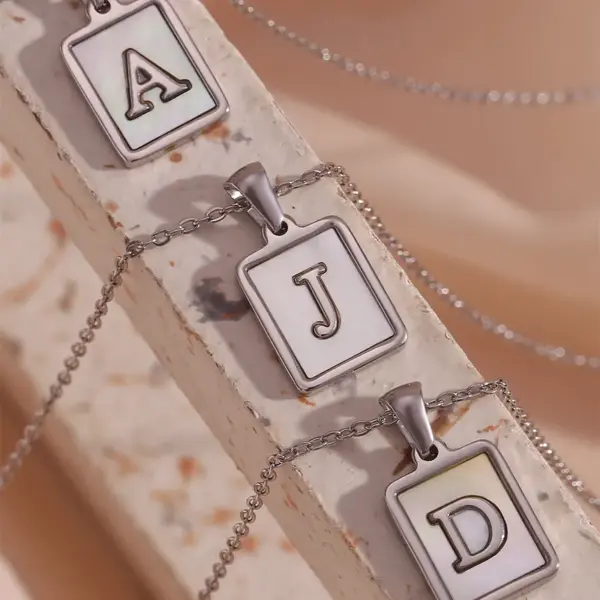 Wholesale 304 Stainless Steel Letter Square PVD Coated Shell Simple Style Waterproof Non Tarnish Inlay Cable Chain White Silver Pendant Necklace