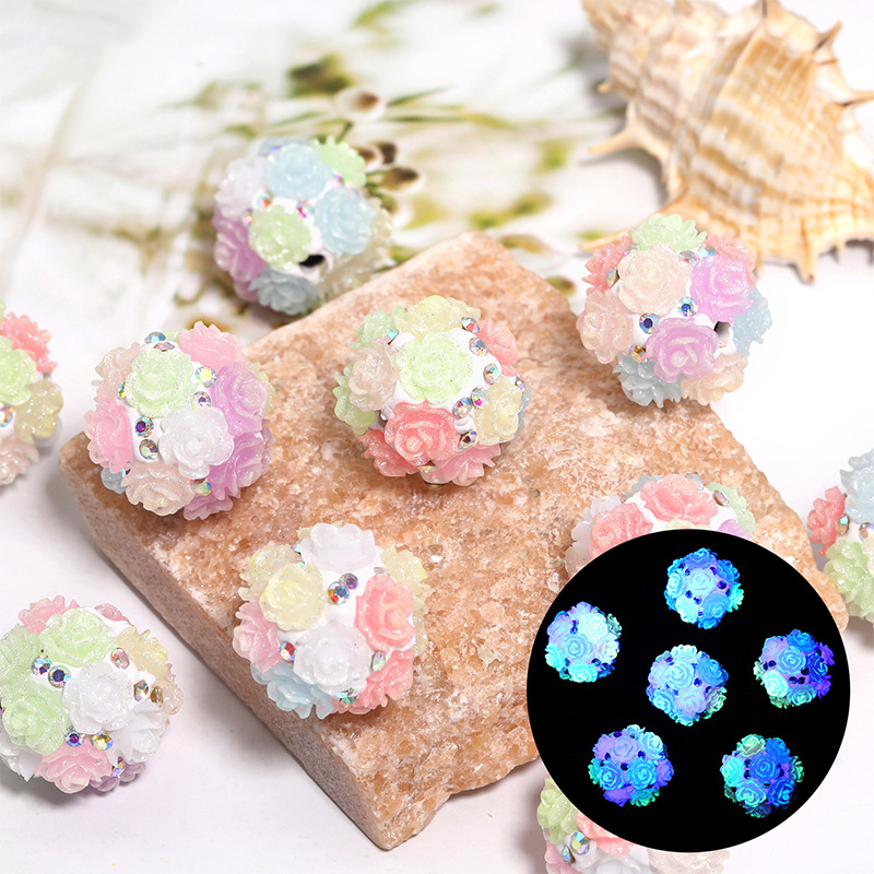Wholesale Luminous Fine Flash Simulation Rose Ceramic Mud Beads Heavy Industry Camellia Diamond Ball Beads DIY Mobile Phone Chain Beaded Aessories