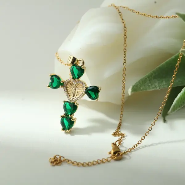 PVD Coated Real Gold Plated Cross Virgin Mary Heart Shape 304 Stainless Steel Retro Commute Waterproof Non Tarnish 304 Stainless Steel Lobster Trigger Clasp Closure Pendant Necklace