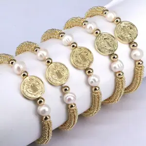 Wholesale Copper 18K Gold Plated Elegant Vintage Style Lady Plating Inlay Round Artificial Pearls Bracelets