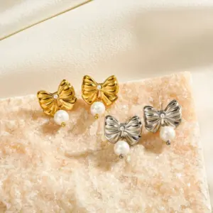 Wholesale 1 Pair Ig Style Sweet Bow Knot Plating Inlay Titanium Steel Pearl Earrings