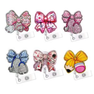 oly-fb546e7140a0c0c169bcae7042607fe6 Wholesale Acrylic ID card clip with bow tie, retractable name tag holder, easy-open buckle