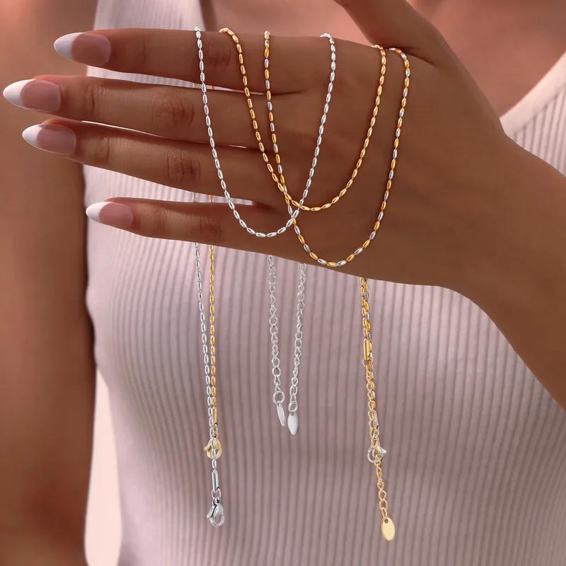 Wholesale 201 Stainless Steel Solid Color PVD Coated Real Gold Plated 18K Gold Basic Simple Style Waterproof Non Tarnish Olive Bead Necklace Necklace