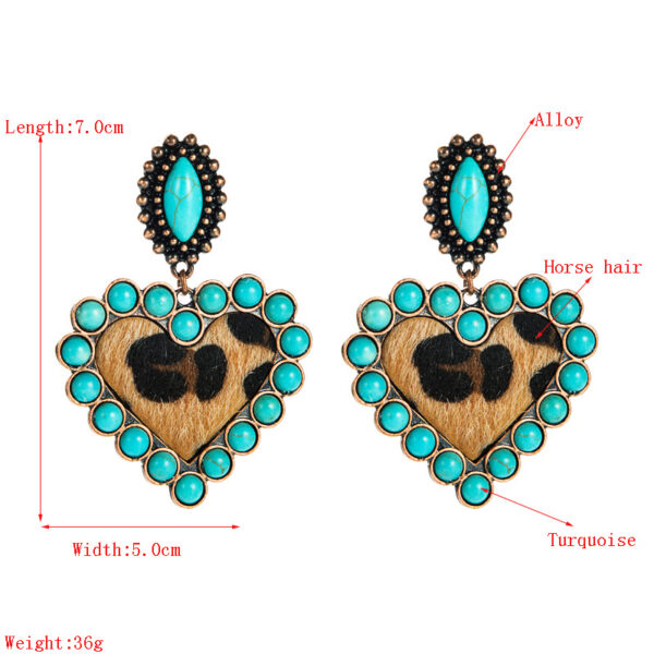 Wholesale Amazon fashion explosions earrings Europe and the United States creative leopard fabric inlaid turquoise love exaggerated niche ear jewelry