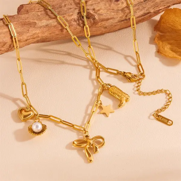 304 Stainless Steel Star Bow Knot Shell PVD Coated Pearl 18K Real Gold Plated Cute Sweet Waterproof Non Tarnish Hollow Out Inlay Cuban Link Chain Snake Chain Gold Pendant Necklace