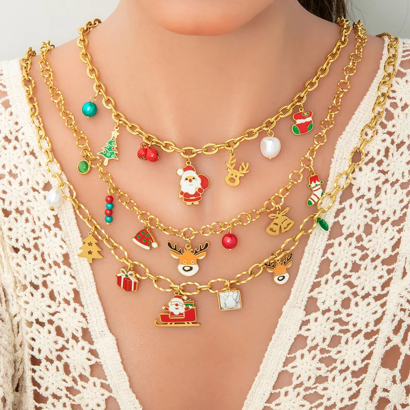 Wholesale Jewelry Christmas Classic Style Commute Christmas Tree Sled Elk 304 Stainless Steel Acrylic Artificial Pearls 18K Gold Plated Exy Plating Br