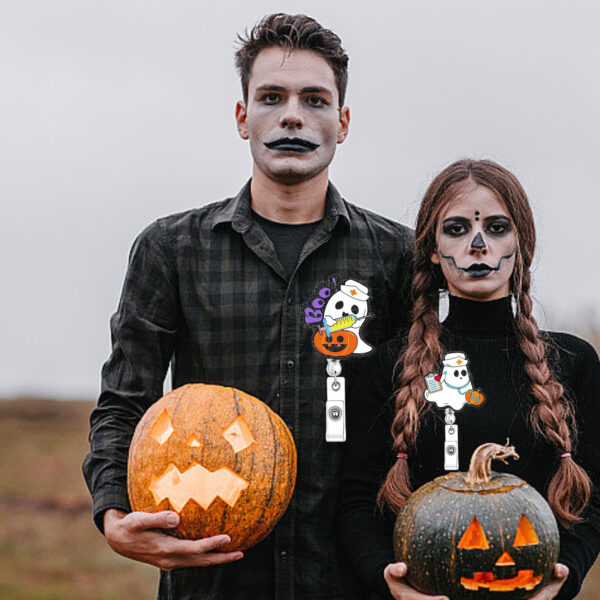 Wholesale Acrylic Halloween Booboocrew Ghost Telescopic Rotating Crocodile Clip Badge Scroll Easy-Pull Buckle