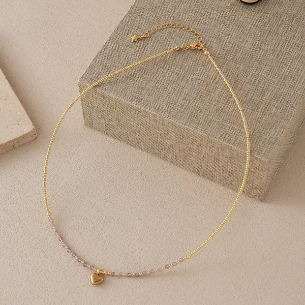 Wholesale 18K Gold Plated Brass Water Plated Heart-Shaped Beads Handmade Miyuki Beads Beaded Chain Natural Stone Necklace For Women Ultra-Fine Chain