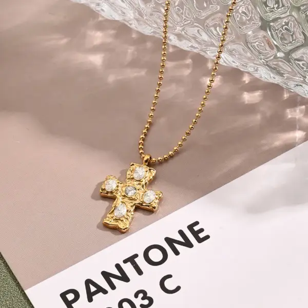 Wholesale Jewelry Casual Vacation Cross 304 Stainless Steel Rhinestones 18K Gold Plated Handmade Polishing Plating Ball Chain Cable Chain Necklace