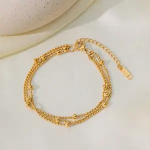 J05017-Three-layer Round Bead Anklet- Gold