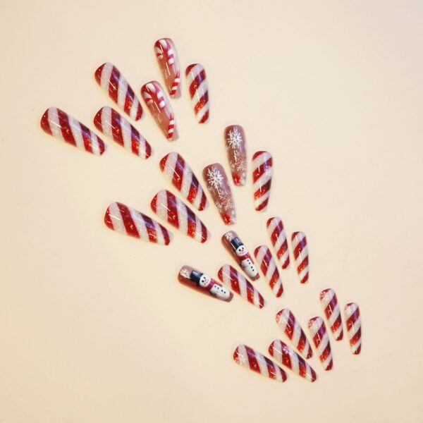 Wholesale WM-311 Red and White Striped False Nails, Long T-Shaped Style, Christmas Snowflake and Snowman Line Decorations, Wearable Nail Tips