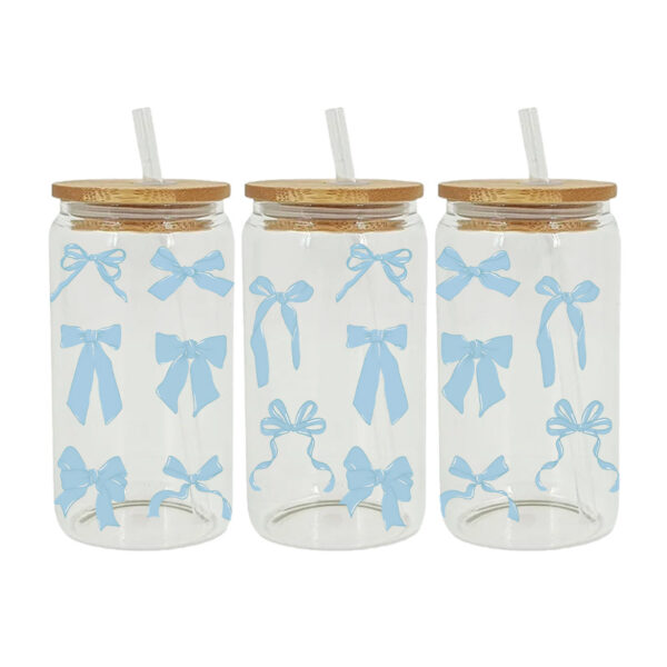 Wholesale UV transfer sticker for pink bow crystal glass cup 16oz