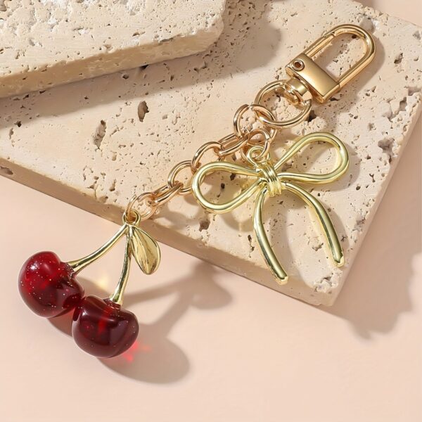 Wholesale European and American Jewelry Simulation Crystal Cherry Keychain Bag Hanging Bow Pendant Design Sense Fruit Key Chain