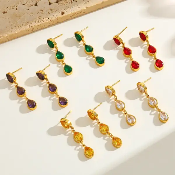 Wholesale 18K Gold Plated Stainless Steel Zirconia Tear Drop Multi-Pendent Earrings Elegant Casual Fashion Jewelry For Women