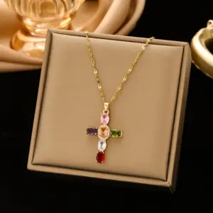 246 Color Zirconium Cross Necklace-G0339-Golden Color