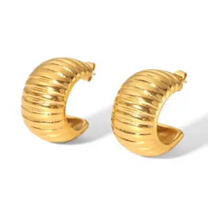 【XKE0125】C-shaped Striped Earrings / Gold