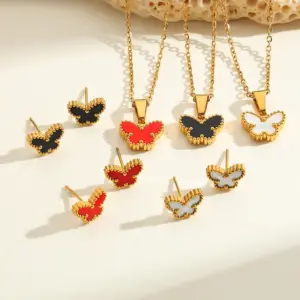 Wholesale Elegant Vintage Butterfly Shell Necklace Earrings Set Gold Plated Stainless Steel Jewelry Accessories For Women All Seasons