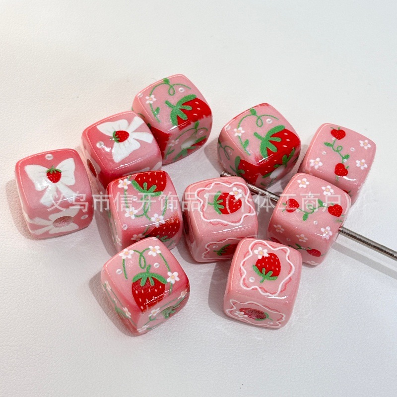 Wholesale Pink square beads with strawberry flower print and openwork design