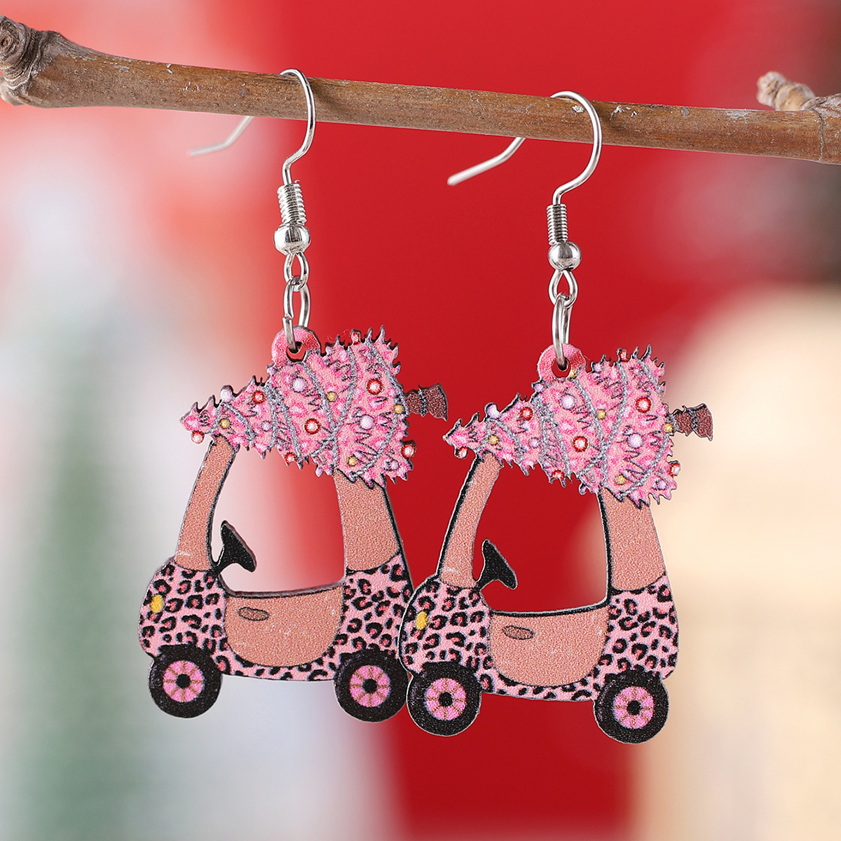 Wholesale Christmas Hollow Christmas Tree Leopard Print Car Wooden Double-Sided Earrings