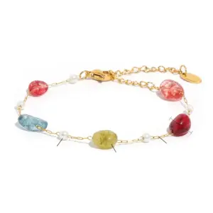 【XKB0080】Colorful Stone Pearl Bracelet / Gold