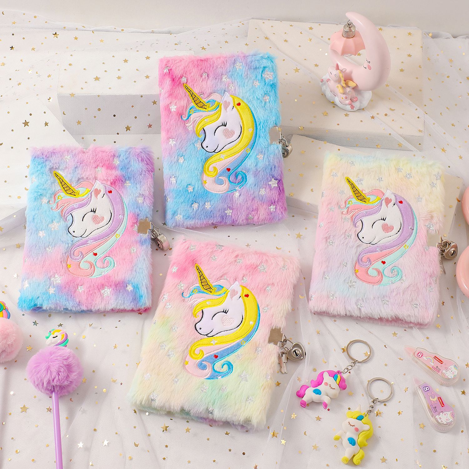 Wholesale Sier-stamped unicorn plush tie-dye notebook with lock