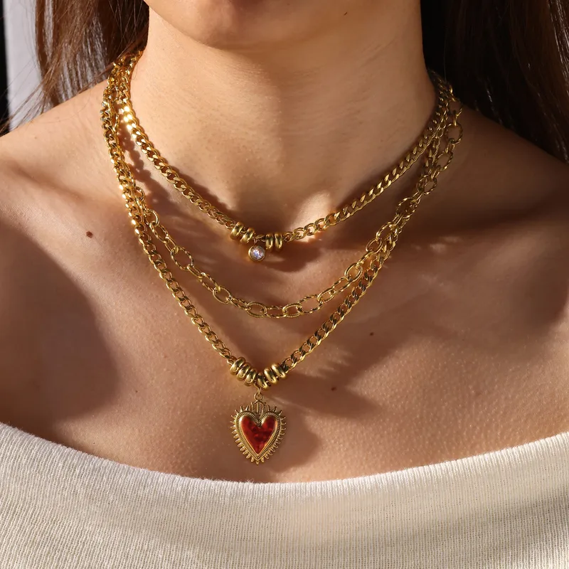 Wholesale 201 Stainless Steel 304 Stainless Steel Heart Shape PVD Coated Zircon Elegant Luxurious Romantic Plating Cuban Link Chain Curb Chain Cable C