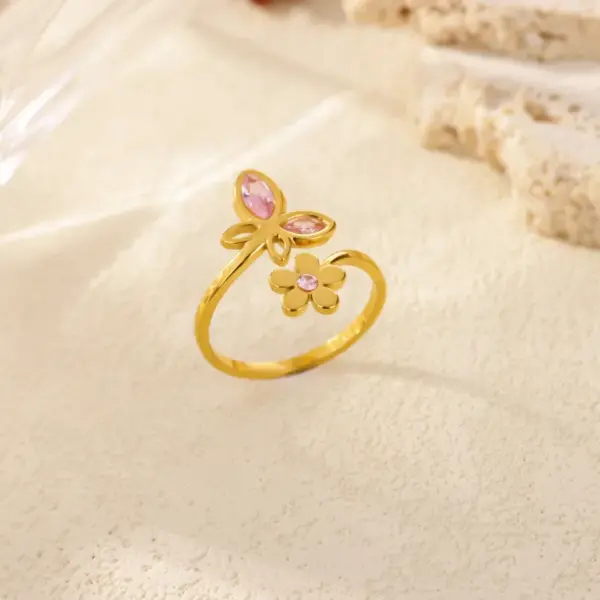 18K Gold Plated 304 Stainless Steel Vacuum Electroplating (In Furnace) Zircon Heart-shaped Flower Medical Steel Hypoallergenic Open Ring Beautiful Ring Valentine's Day Gift Jewelry