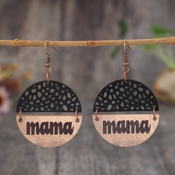 Wholesale Cross-border AliExpress New Mother's Day retro style wood piece leather combination letter mom round earrings