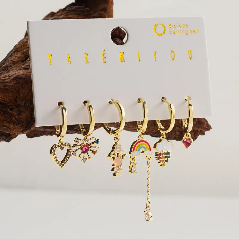 Wholesale Copper 14K Gold Plated Inlay Rainbow Moon Zircon Drop Earrings